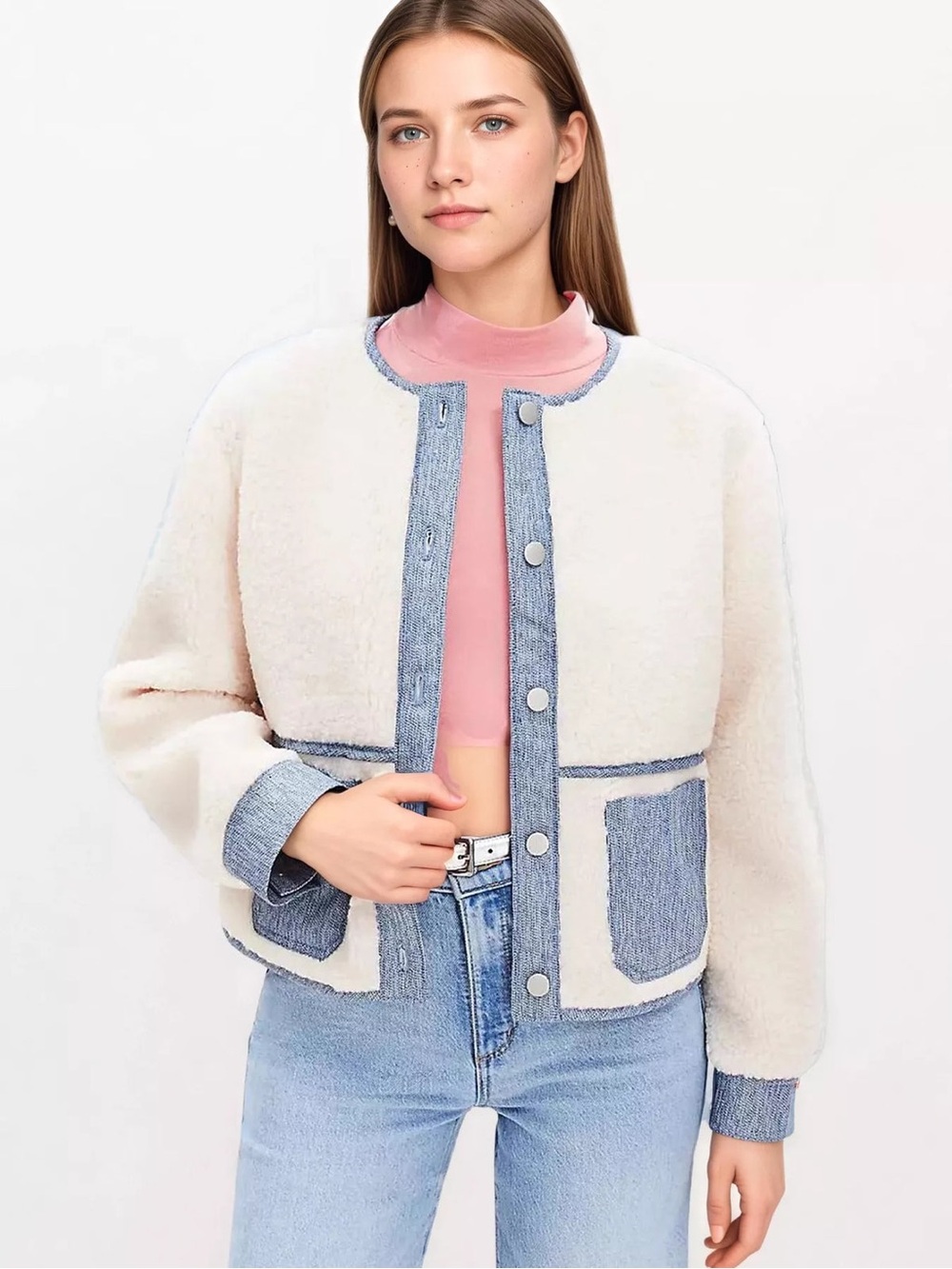 Contrast Trim Teddy Sherpa Jacket - Cream and Light Blue